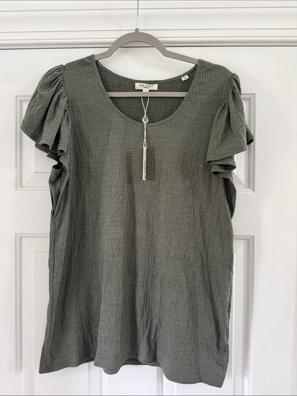 Max Studio Olive Green Ruffle Sleeve Scoop Neck Top